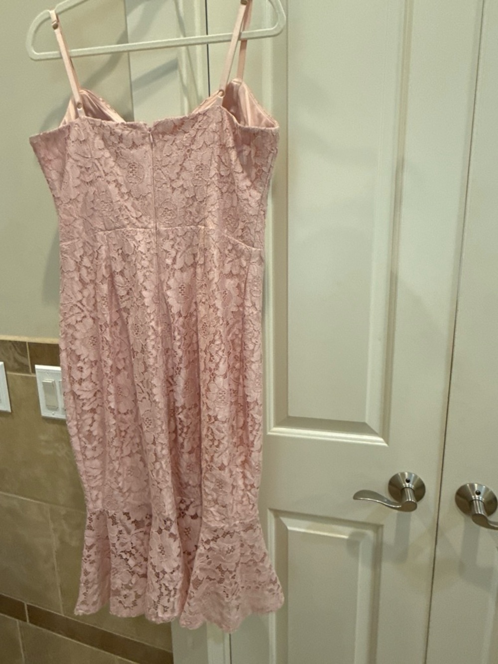 Guess Blush Pink Lace Midi Dress with Flounced Hem - Picture 2 of 4